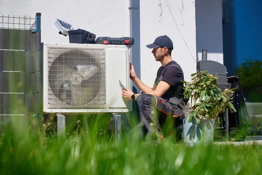 Jednostka zewnętrzna klimatyzacji na elewacji budynku